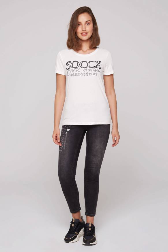 Soccx T-Shirt mit Rundhalsausschnitt und Glitter Print ivory Kostenlose Rückgabe