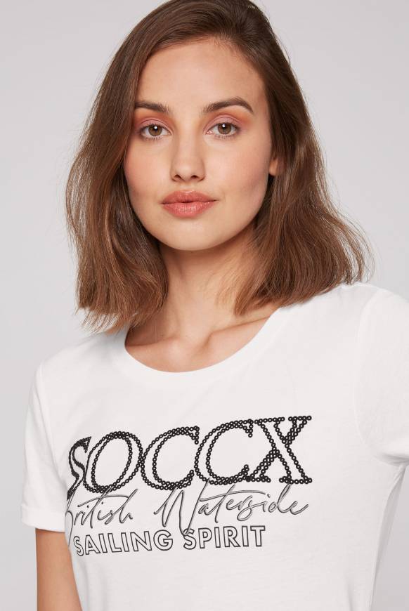 Soccx T-Shirt mit Rundhalsausschnitt und Glitter Print ivory Kostenlose Rückgabe