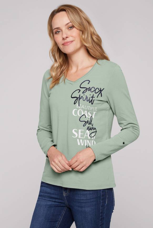 Soccx Longsleeve mit V-Ausschnitt und Glitter-Puff-Prints muted aqua Letzter Tag