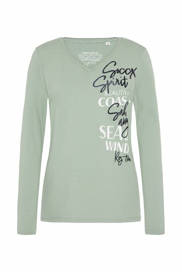 Soccx Longsleeve mit V-Ausschnitt und Glitter-Puff-Prints muted aqua Letzter Tag