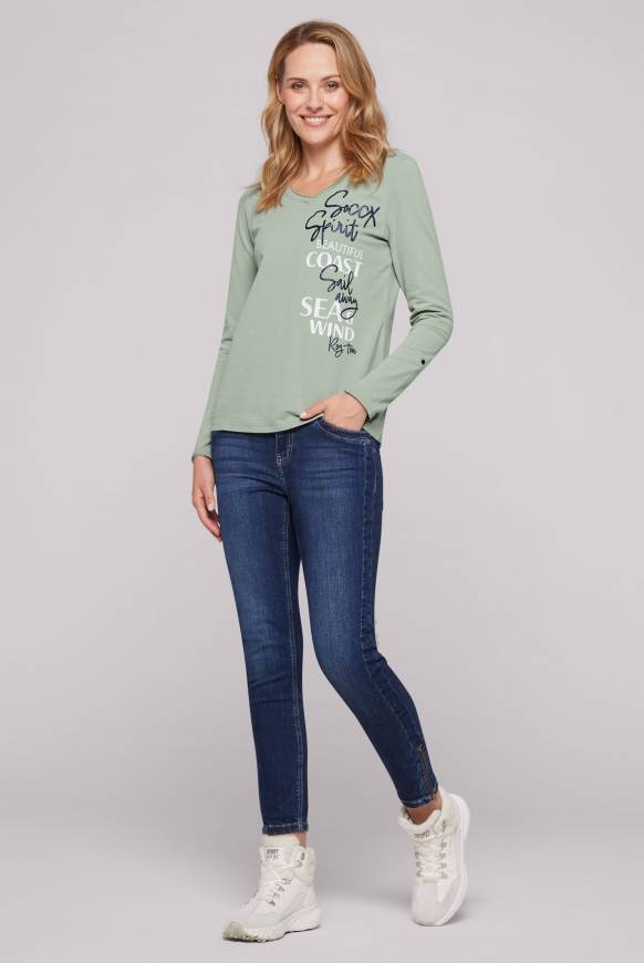 Soccx Longsleeve mit V-Ausschnitt und Glitter-Puff-Prints muted aqua Letzter Tag