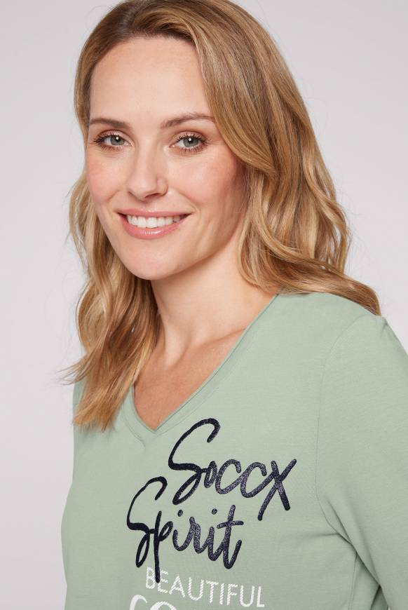 Soccx Longsleeve mit V-Ausschnitt und Glitter-Puff-Prints muted aqua Letzter Tag