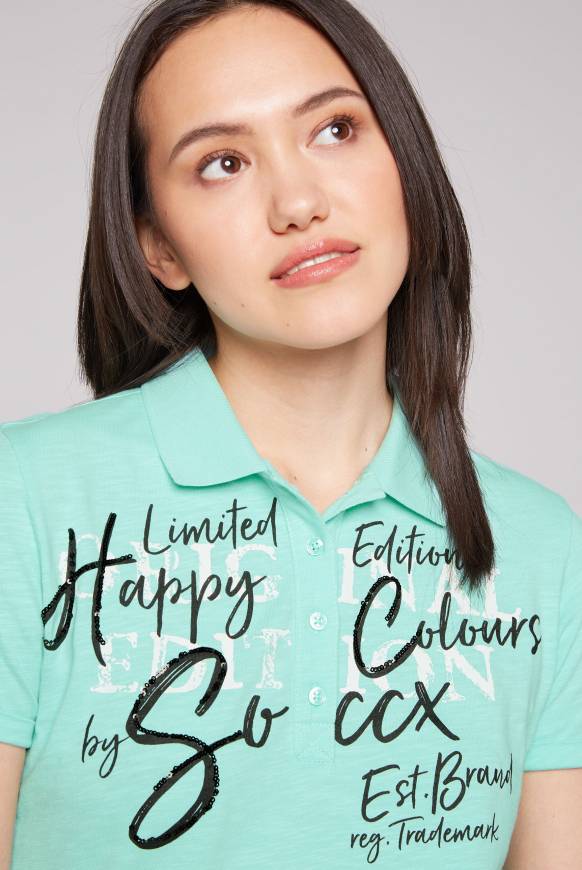 Soccx Kurzarmpolo mit Print und Pailletten neo aqua Online