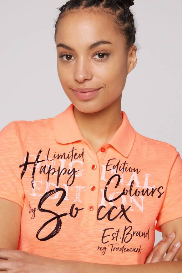Soccx Kurzarmpolo mit Print und Pailletten neon orange Outlet