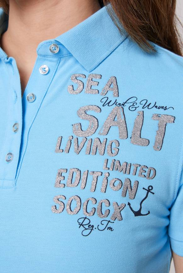 Soccx Poloshirt aus Pikee mit Glitter Print aqua Verkauf