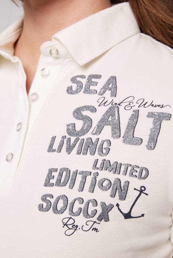 Soccx Poloshirt aus Pikee mit Glitter Print ivory Schlussverkauf