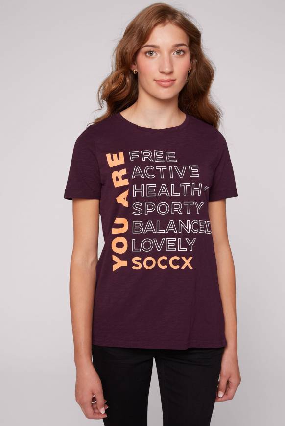 Soccx T-Shirt Rundhals mit Wording Print deep plum Kostenloser Versand international