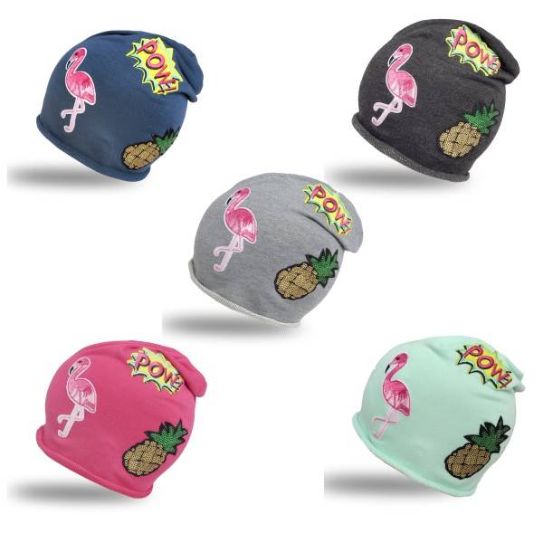 Sonia Originelli Beanie Mütze Kind Patch Aufnäher Flamingo Ananas Pow trend Baumwolle Nur noch ein Tag übrig