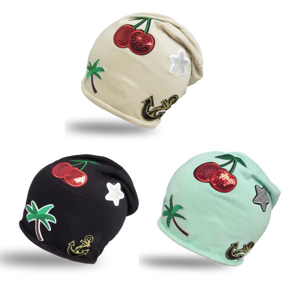 Sonia Originelli Beanie Mütze Patch Aufnäher Kirsche Anker Palme trend Baumwolle Outlet