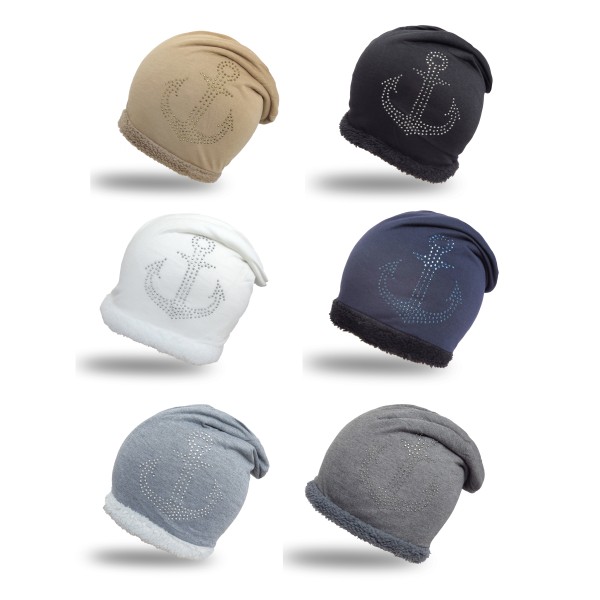 Sonia Originelli Fleece Beanie mit Strass-Anker Steinchen und weichem Teddyfell Zeitlich begrenztes Angebot