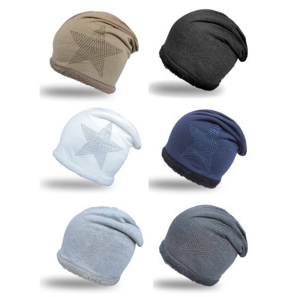 Sonia Originelli Fleece Beanie Strass-Stern Steinchen mit weichem Teddyfell gefüttert Exklusive Angebote