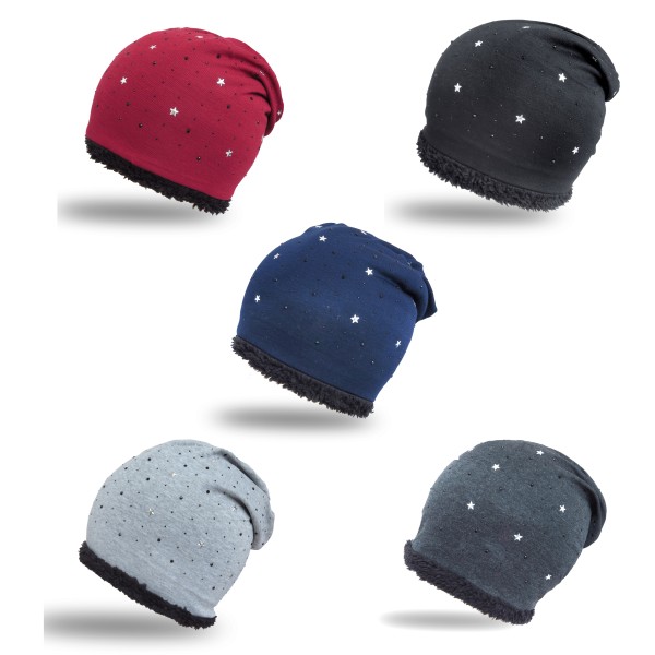 Sonia Originelli Winter Beanie Mütze "Strass Sternchen" Teddyfell Futter Sonderangebot der Fabrik