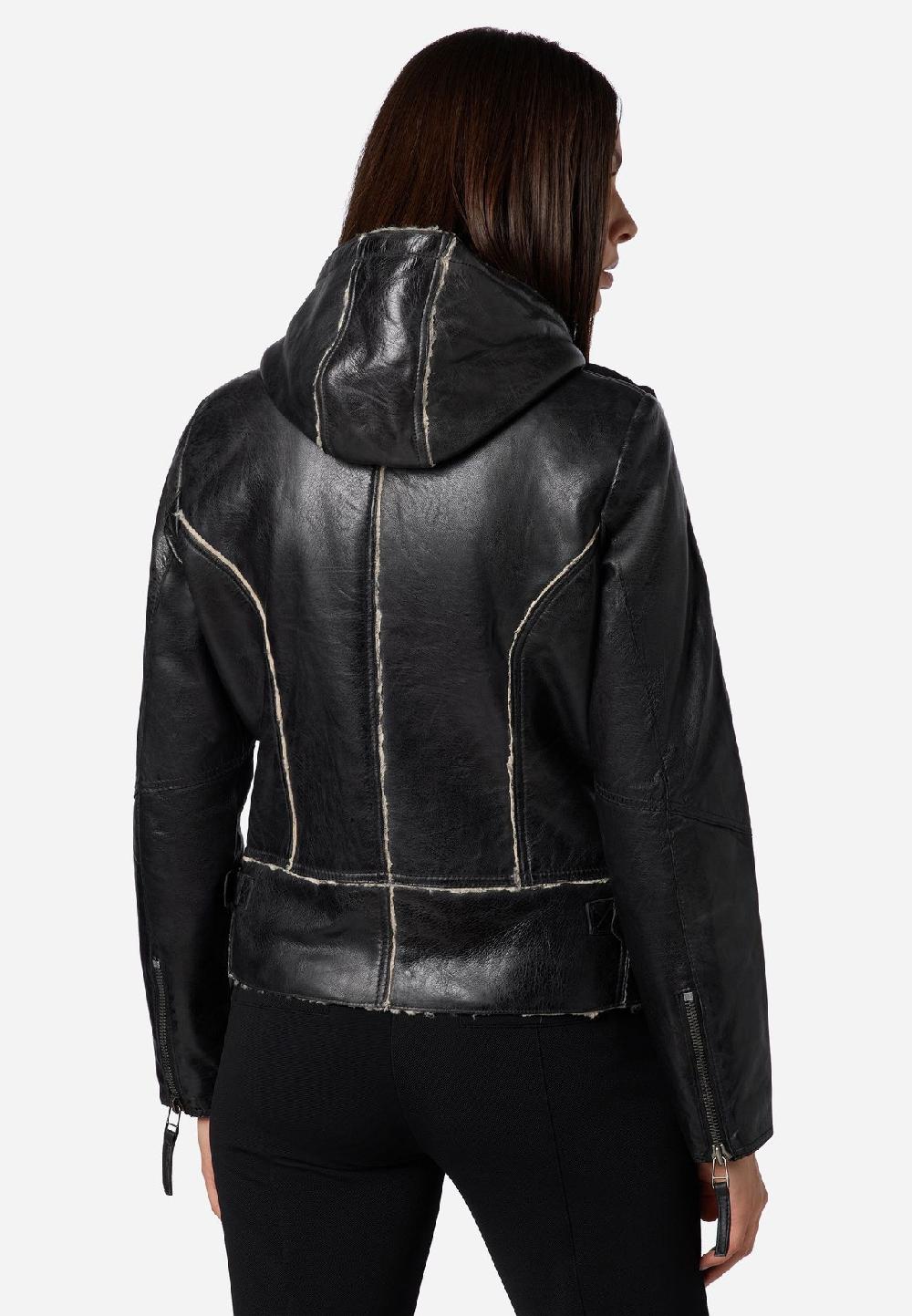 RICANO Damen Lederjacke Jule Bikerjacke mit Fellfütterung und Kapuze Heißer Verkauf