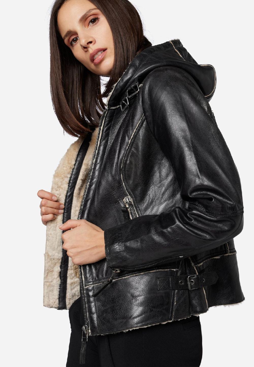 RICANO Damen Lederjacke Jule Bikerjacke mit Fellfütterung und Kapuze Heißer Verkauf