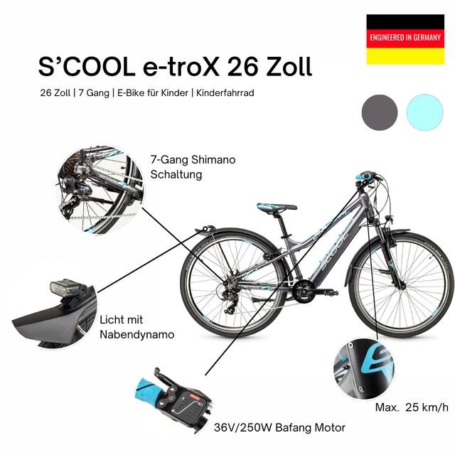 S'COOL S'COOL Junior Bikes E-Kinderfahrrad e-troX 26 Zoll 7-Gang Grey/blue &vert; fahrrad.de Heißer Verkauf