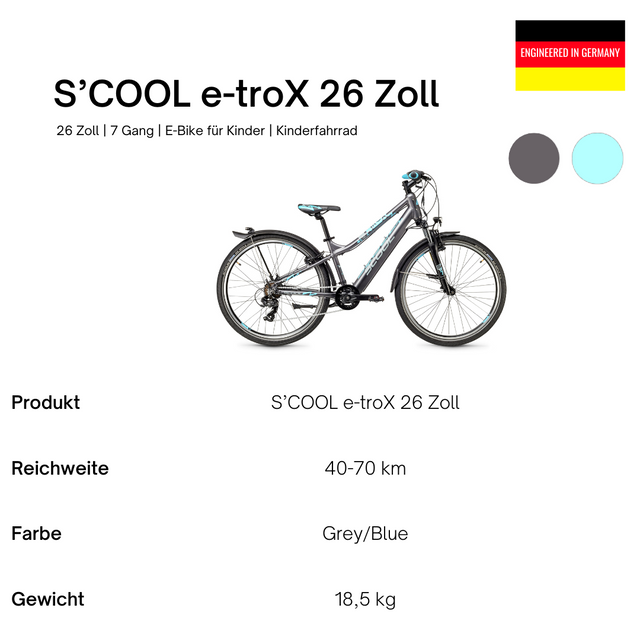 S'COOL S'COOL Junior Bikes E-Kinderfahrrad e-troX 26 Zoll 7-Gang Grey/blue &vert; fahrrad.de Heißer Verkauf